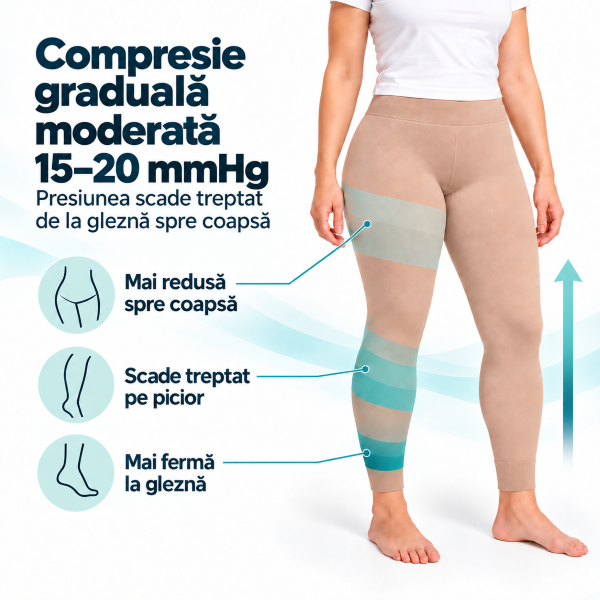 Compresie graduală moderată de 15–20 mmHg pentru susținere